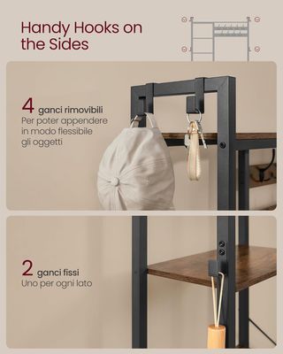 Perchero de Entrada con Banco, Zapatero y 5 Estantes para Objetos, 9 Ganchos para Abrigos y 6 Ganchos Laterales, 40 x 120 x 190 cm, Marrón Vintage y Negro Tinta HSR426B01