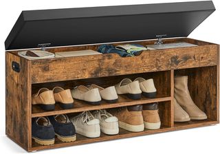 Banco Zapatero de Entrada, Banco Contenedor con Cojín Acolchado, 3 Compartimentos, Estantes, Sala de Estar, Pasillo, Dormitorio, Capacidad 136 Kg, Marrón Vintage LHS130B01