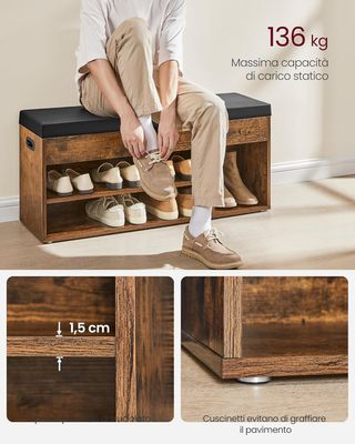 Banco Zapatero de Entrada, Banco Contenedor con Cojín Acolchado, 3 Compartimentos, Estantes, Sala de Estar, Pasillo, Dormitorio, Capacidad 136 Kg, Marrón Vintage LHS130B01