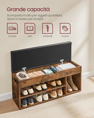 Banco Zapatero de Entrada, Banco Contenedor con Cojín Acolchado, 3 Compartimentos, Estantes, Sala de Estar, Pasillo, Dormitorio, Capacidad 136 Kg, Marrón Vintage LHS130B01