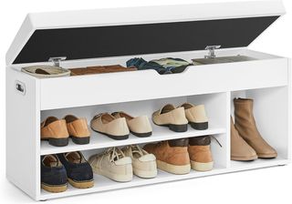 Banco Zapatero de Entrada, Banco Contenedor con Cojín Acolchado, 3 Compartimentos, Estantes, Sala de Estar, Pasillo, Dormitorio, Capacidad 136 Kg, Blanco Nube LHS130W14