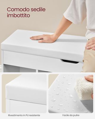 Banco Zapatero de Entrada, Banco Contenedor con Cojín Acolchado, 3 Compartimentos, Estantes, Sala de Estar, Pasillo, Dormitorio, Capacidad 136 Kg, Blanco Nube LHS130W14