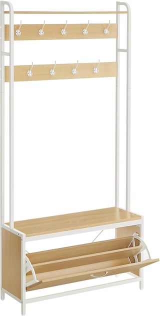 Perchero Con Zapatero Abatible, Mueble De Entrada, Con Banco, 9 Ganchos Y Estante Superior, para Pasillo Dormitorio, Estilo Moderno, Roble Y Blanco HSR405W09