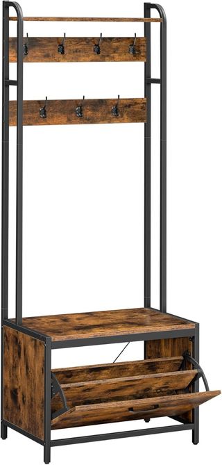 Perchero Con Zapatero Plegable, Mueble De Entrada, Con Banco, 7 Ganchos Y Estante Superior, para Pasillo Dormitorio, Estilo Industrial, Marrón Vintage Y Negro HSR425B01