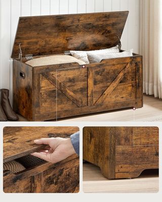 Baúl, Banco de Almacenamiento, Puff Organizador Con 2 Bisagras de Seguridad, Zapatero, Estilo Rústico, 40 X 100 X 46 Cm, para Pasillo, Dormitorio, Sala de Estar, Marrón Vintage LSB060T01