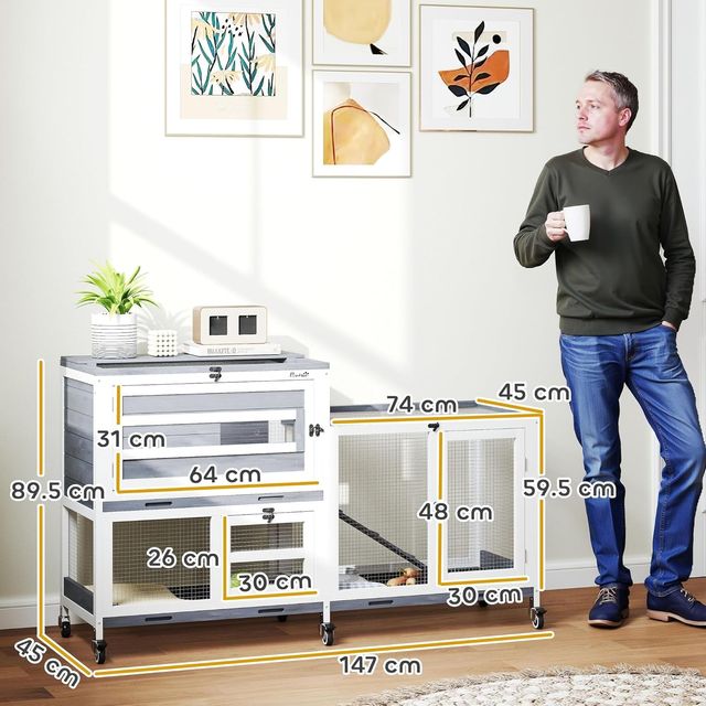 Conejera De Interior de 2 Niveles, Jaula para 2-3 Conejos Con 6 Ruedas, Rampa, Techo Abierto, Área Abierta Y 3 Bandejas, Casita para Conejos de Madera de Abeto, 147X45X89.5 Cm, Gris