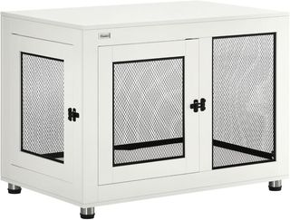 Jaula para Perros Tamaño Grande Máx. 30 Kg Para Interior, Caseta para Perros Con 2 Puertas Bloqueables, Patas Regulables Y Cojín Lavable, Acero Y Madera, 94X60X71.5 Cm, Blanco