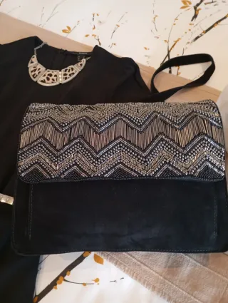 Bolso Piel Nobuck Bordado Abalorios Negro/Plata