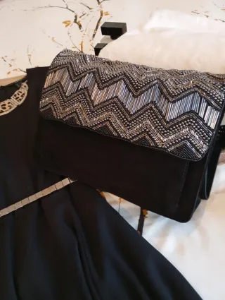 Bolso Piel Nobuck Bordado Abalorios Negro/Plata