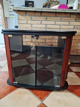 Mesa de TV con ruedas y puertas de cristal