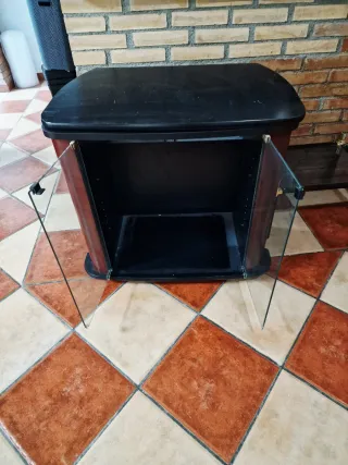 Mesa de TV con ruedas y puertas de cristal