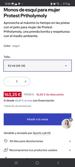 Pantalón tipo Peto esquí o snowboard mujer T44