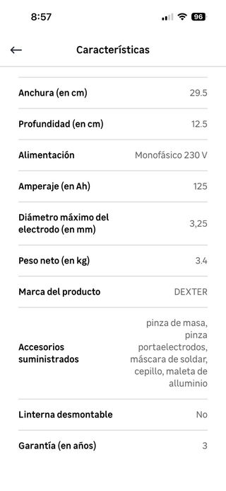 Soldador Inverter DEXTER 125 Ah MMA