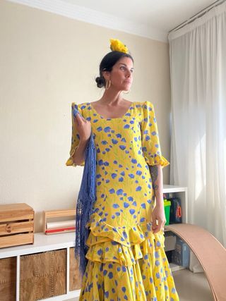 Traje Flamenca Amarillo Flores Azules T38