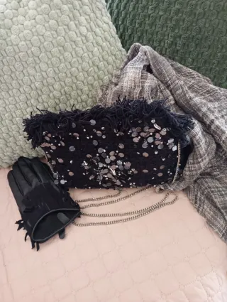 Bolso Fiesta Tweed Lentejuelas Negro/Plata