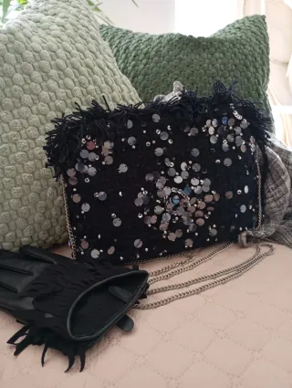 Bolso Fiesta Tweed Lentejuelas Negro/Plata