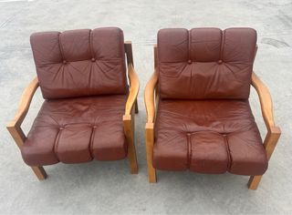 Butacas Mid Century Piel y Madera Marrón