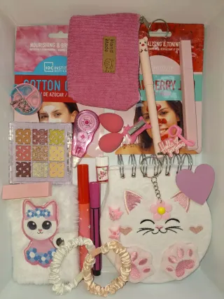 Lote papelería kawaii gato rosa