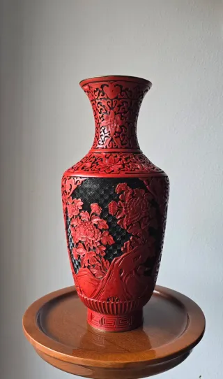 Jarrón Chino Laca Cinabrio Flores