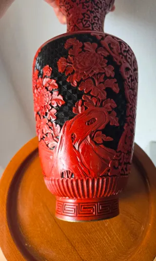 Jarrón Chino Laca Cinabrio Flores