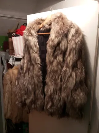 Abrigo de piel zorro plateado tonos beige .