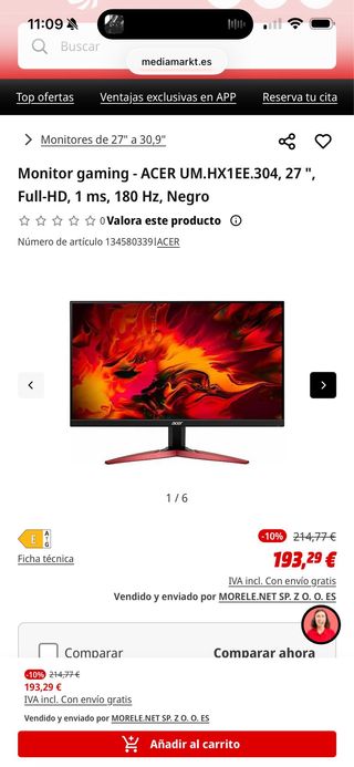 Monitor Gaming Acer 27 Full HD 1ms 180Hz