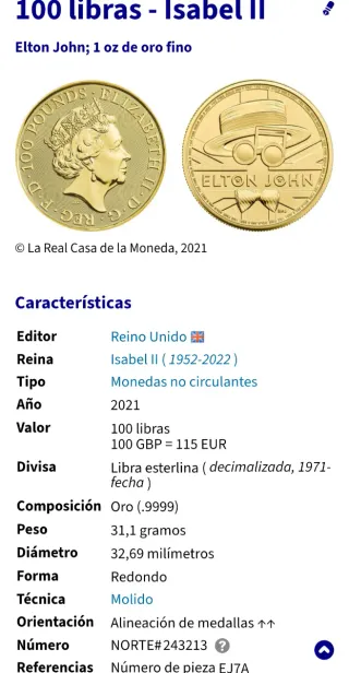 Moneda de Oro 100 Libras Isabel II