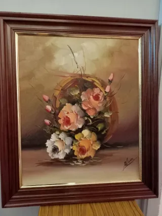 Cuadro al óleo cesto de flores