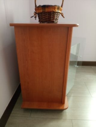 Mueble TV madera con ruedas y puertas de cristal