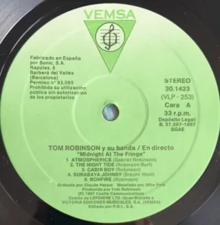LP Vinilo Tom Robinson Live Midnight at the Fringe