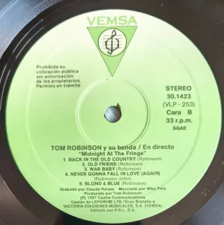 LP Vinilo Tom Robinson Live Midnight at the Fringe