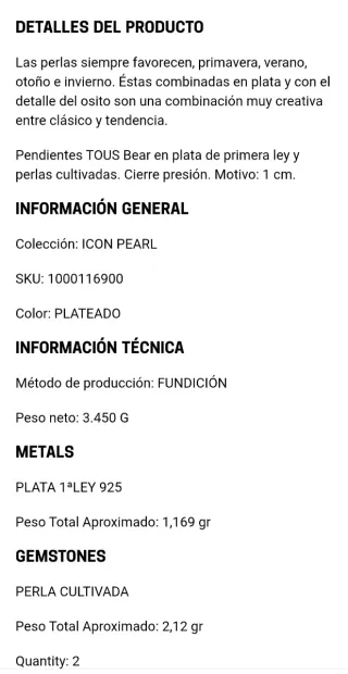 Pendientes Tous plata y perlas