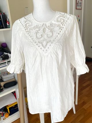 Blusa Free/Quent Encaje y Plumeti Blanca