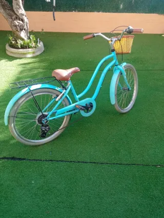 Bicicleta azul con cesta y portaequipajes