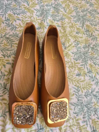 Zapatos planos marrones con detalle dorado