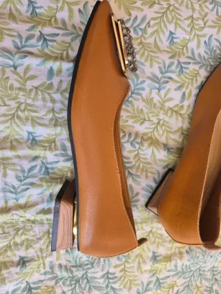 Zapatos planos marrones con detalle dorado