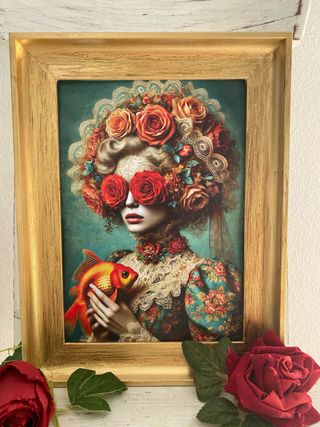 Cuadro dorado mujer barroca con pez y flores