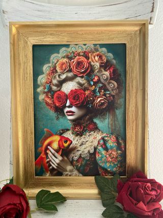 Cuadro dorado mujer barroca con pez y flores