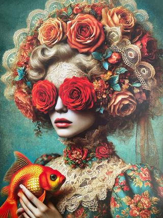 Cuadro dorado mujer barroca con pez y flores