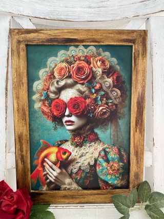 Cuadro dorado mujer barroca con pez y flores