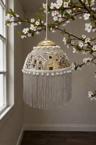Lampadario decorato con casette e frange