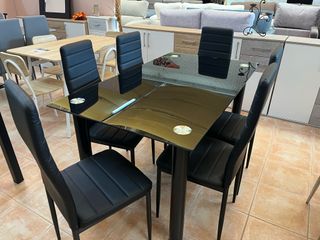 Mesa Comedor Negra + 6 Sillas Polipiel
