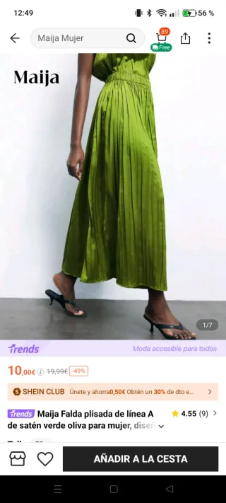 Falda Maija satén plisada verde oliva