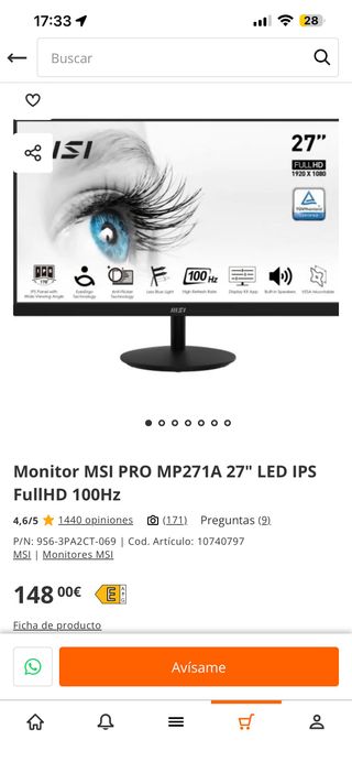 Monitor MSI Pro MP271A 27 LED IPS FullHD 100Hz