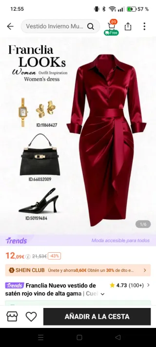 Vestido satén rojo vino,plisado todo alante aboton