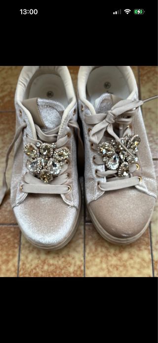 Scarpe sneakers donna beige/oro con strass