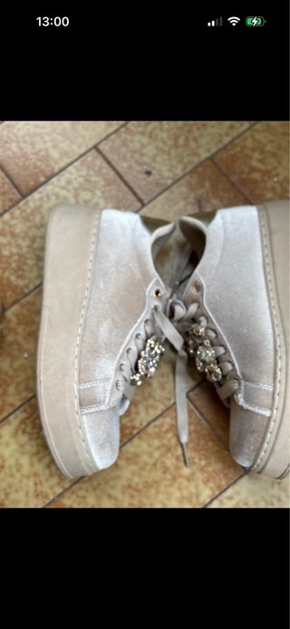 Scarpe sneakers donna beige/oro con strass