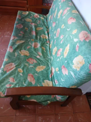 Sofá verde con flores rosas y amarillas