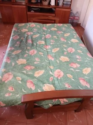 Sofá verde con flores rosas y amarillas