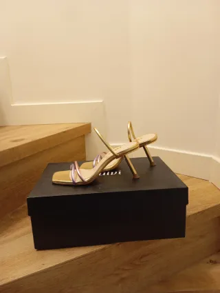 Zapatos de tacón dorados y rosas